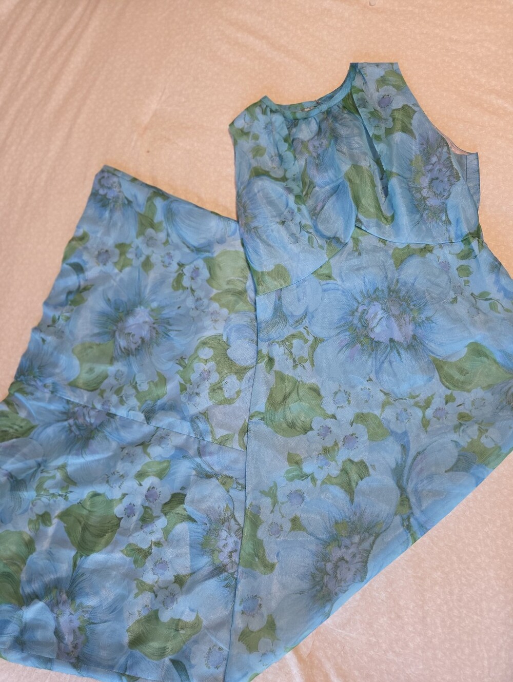 Vintage 70s Blue Green Floral Chiffon Sleeveless Maxi Dress Sz 11/12 (Med) 🩵💚